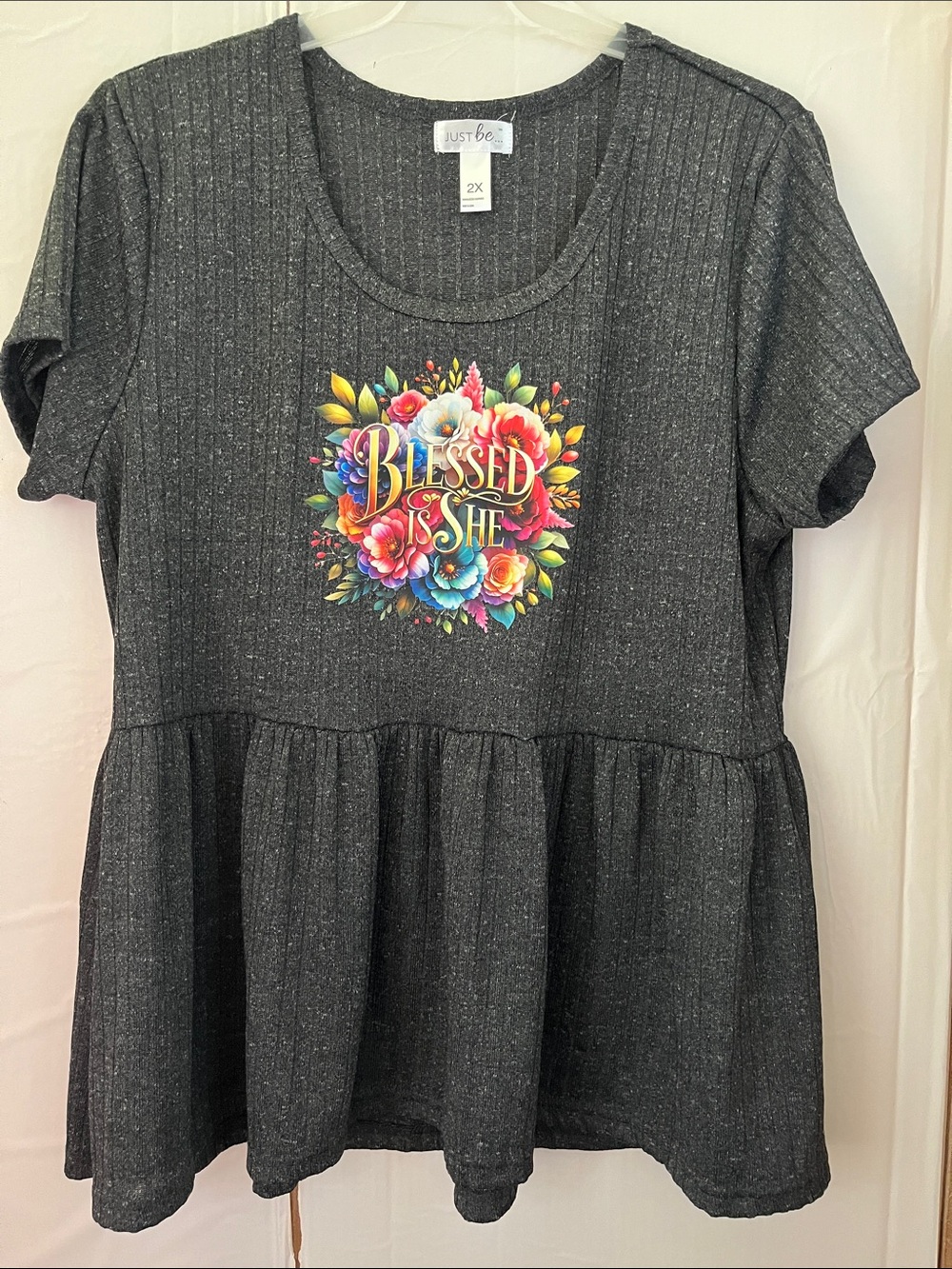 Upcycled just be Charcoal Ribbed Peplum Tee with Floral 'Blessed Is She' Graphic